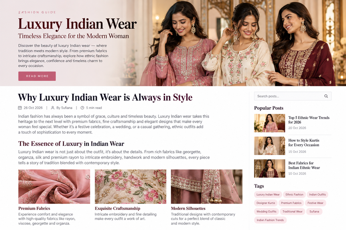 Luxury Indian ethnic wear featuring embroidered kurtis and premium fabrics by Sufiana