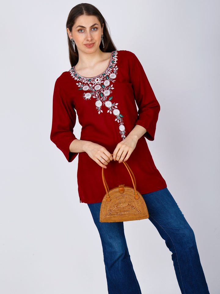 Maroon Embroidered Tunic for Women