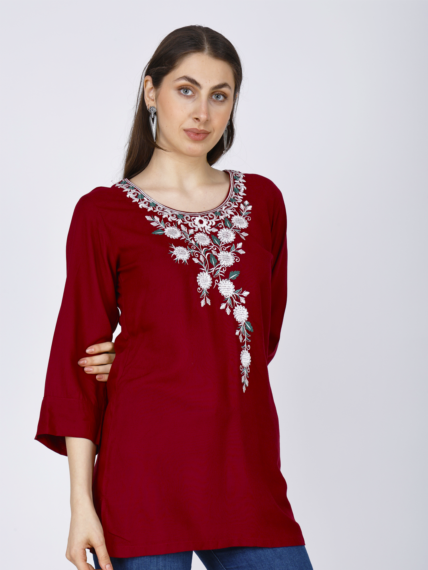 Maroon Embroidered Short Kurti for Women - Sufiana