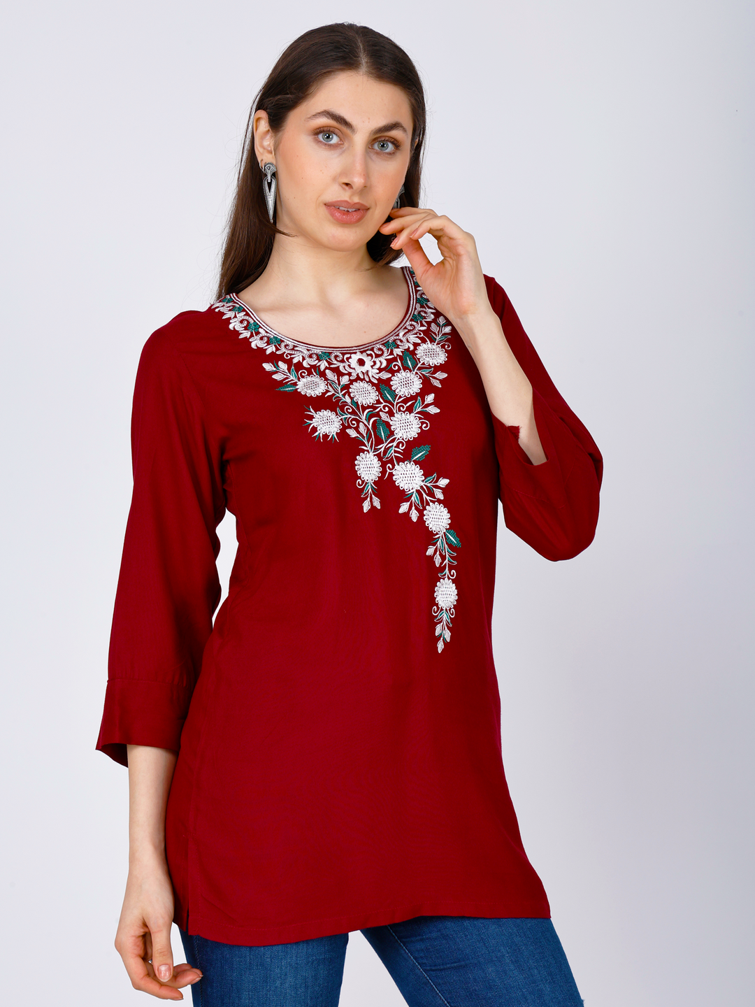 Maroon Embroidered Tunic for Women
