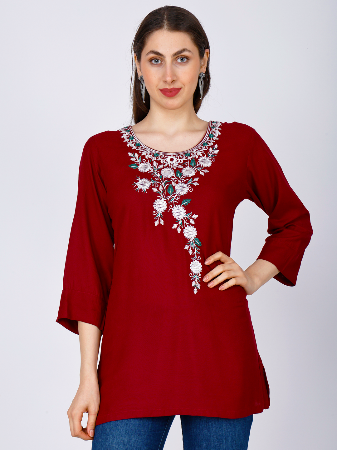 Maroon Embroidered Tunic for Women