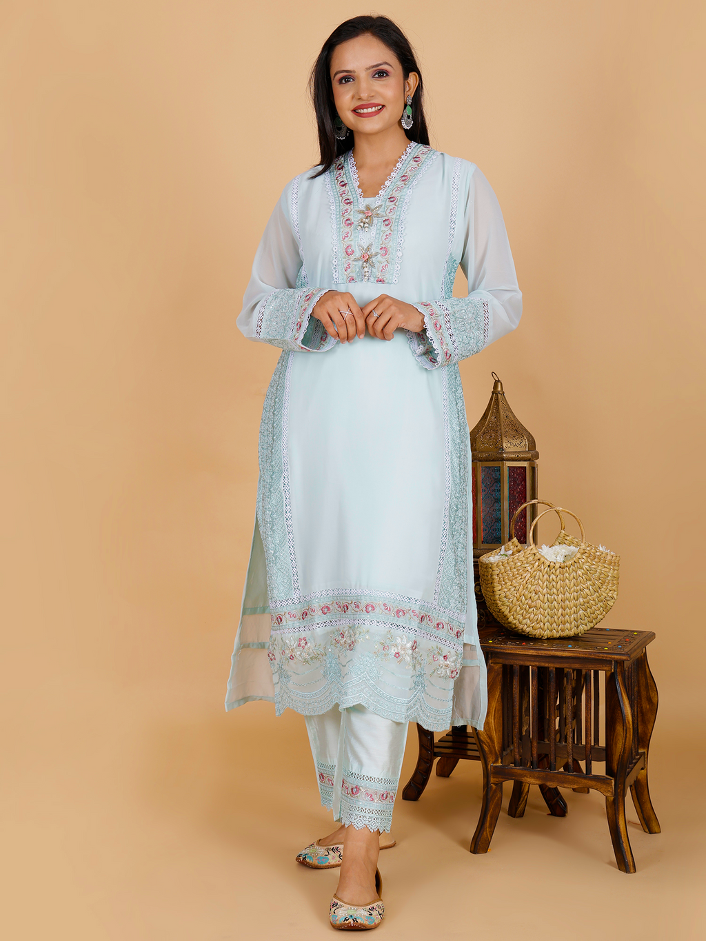 Light Blue Kurta Pant Set Elegant Georgette Ensemble - Sufiana