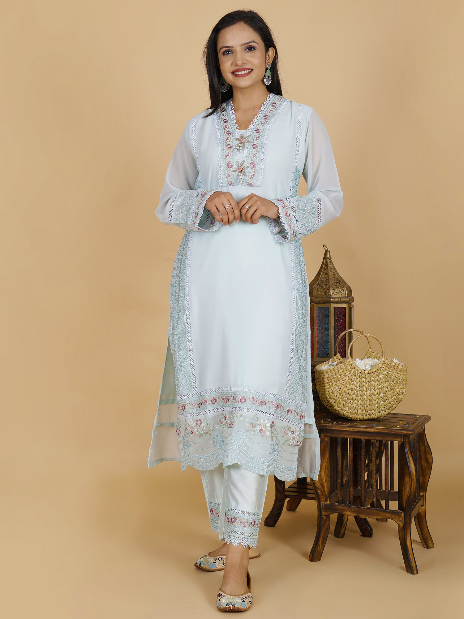Light Blue Kurta Pant Set Elegant Georgette Ensemble - Sufiana