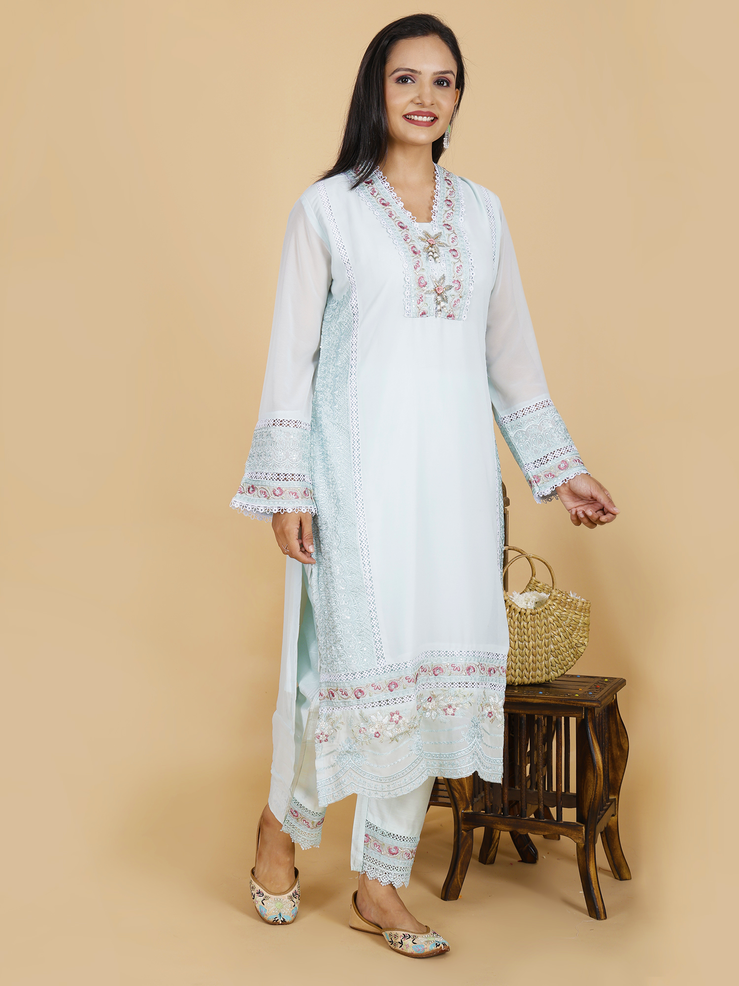 Light Blue Kurta Pant Set Elegant Georgette Ensemble - Sufiana