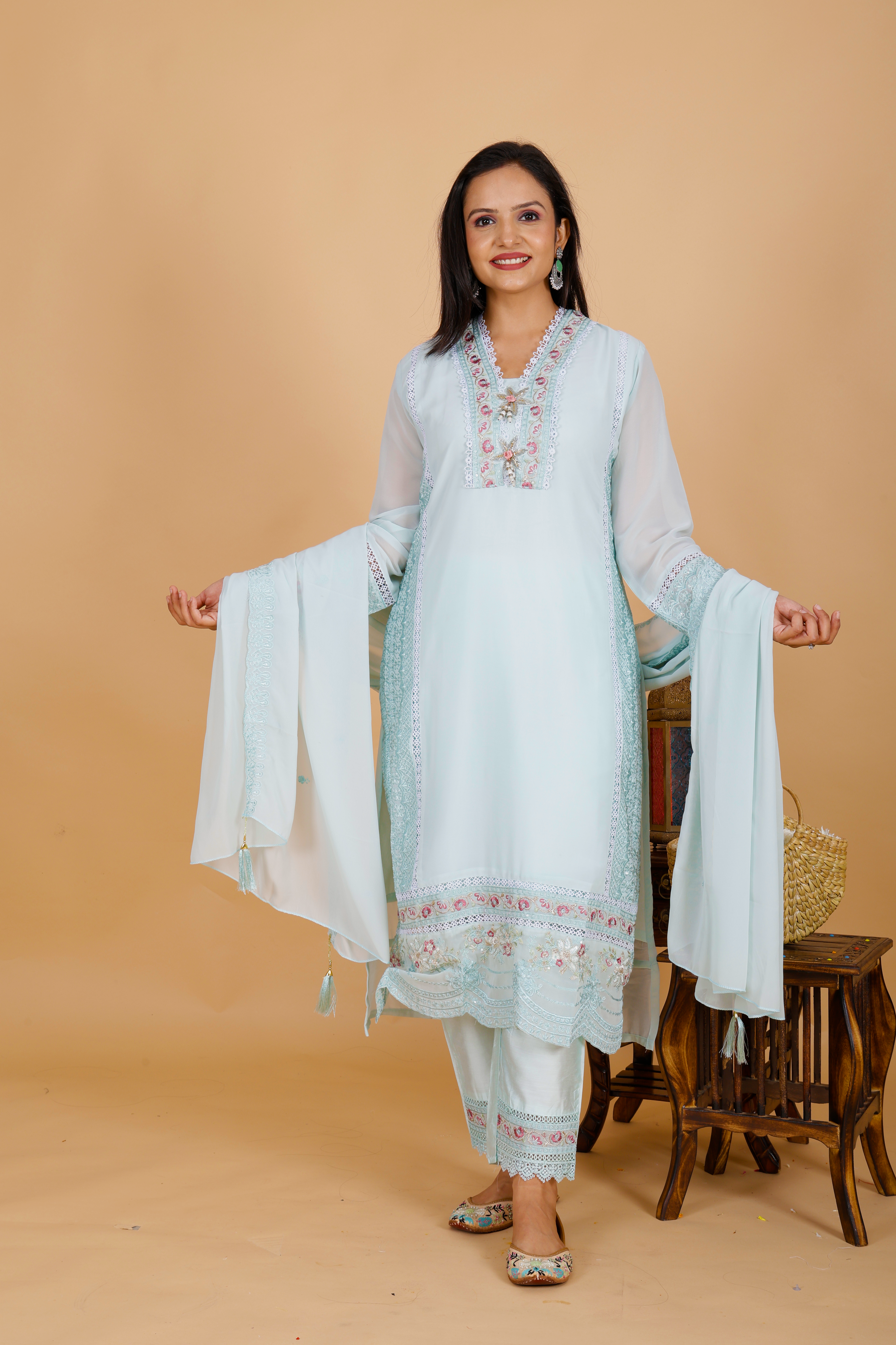 Light Blue Kurta Pant Set Elegant Georgette Ensemble - Sufiana