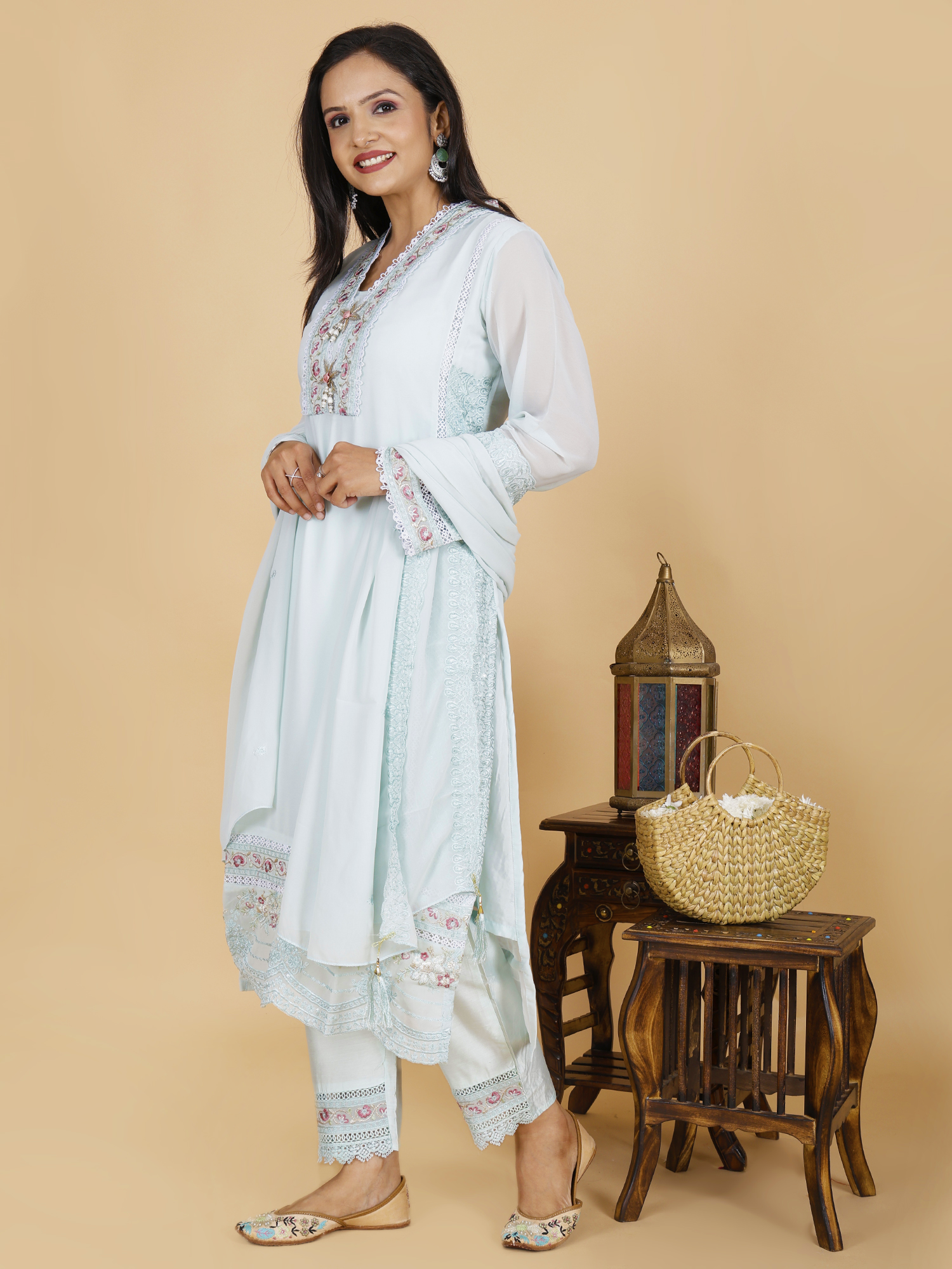 Light Blue Kurta Pant Set Elegant Georgette Ensemble - Sufiana