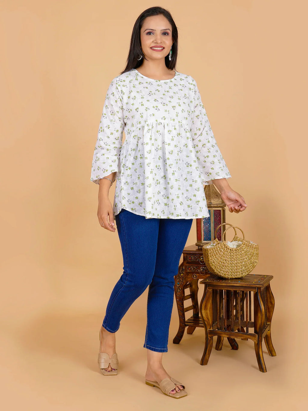 Sufiana White Floral Green Flower Short Frock for Women - Sufiana