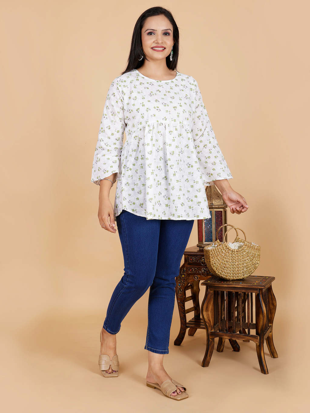 Green Floral Flare Dress Kurti - Sufiana