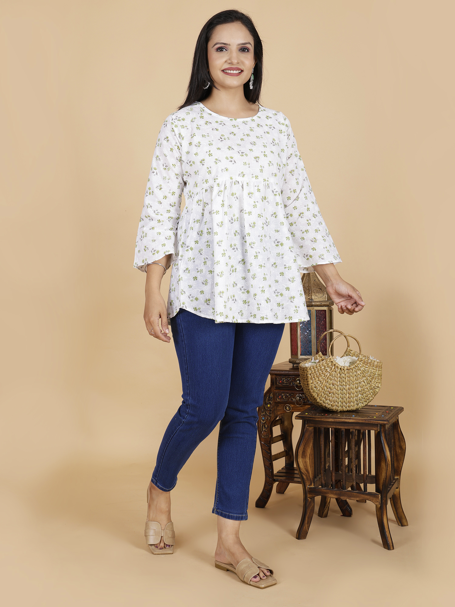 Green Floral Flare Dress Kurti - Sufiana