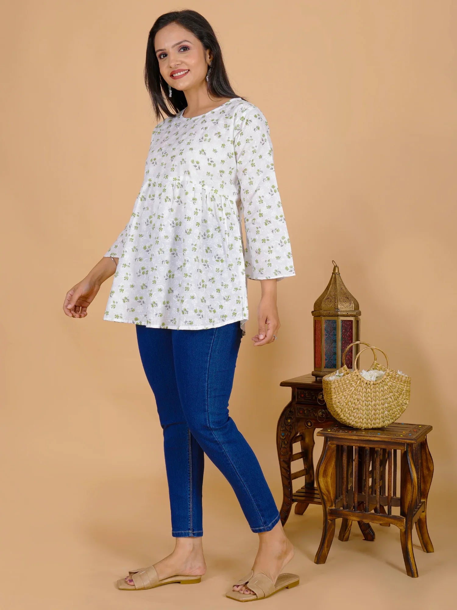 Sufiana White Floral Green Flower Short Frock for Women - Sufiana