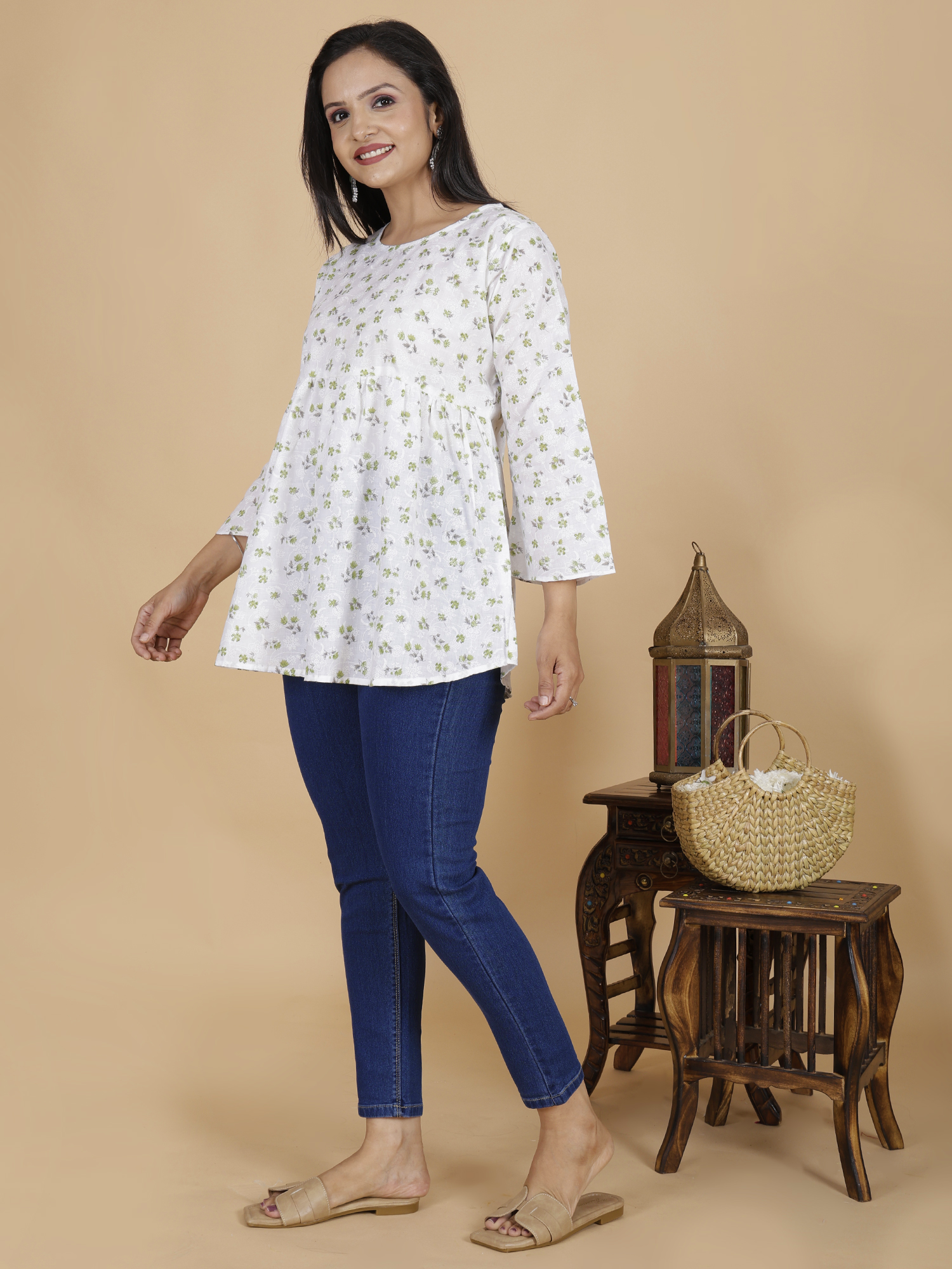 Green Floral Flare Dress Kurti - Sufiana