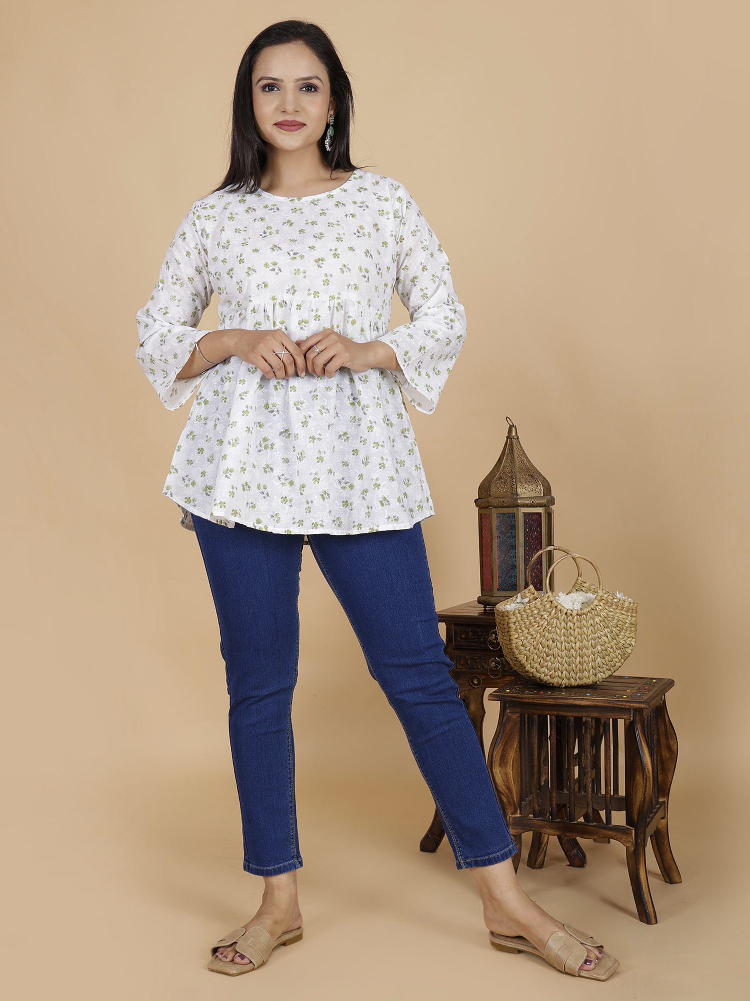 Green Floral Flare Dress Kurti - Sufiana