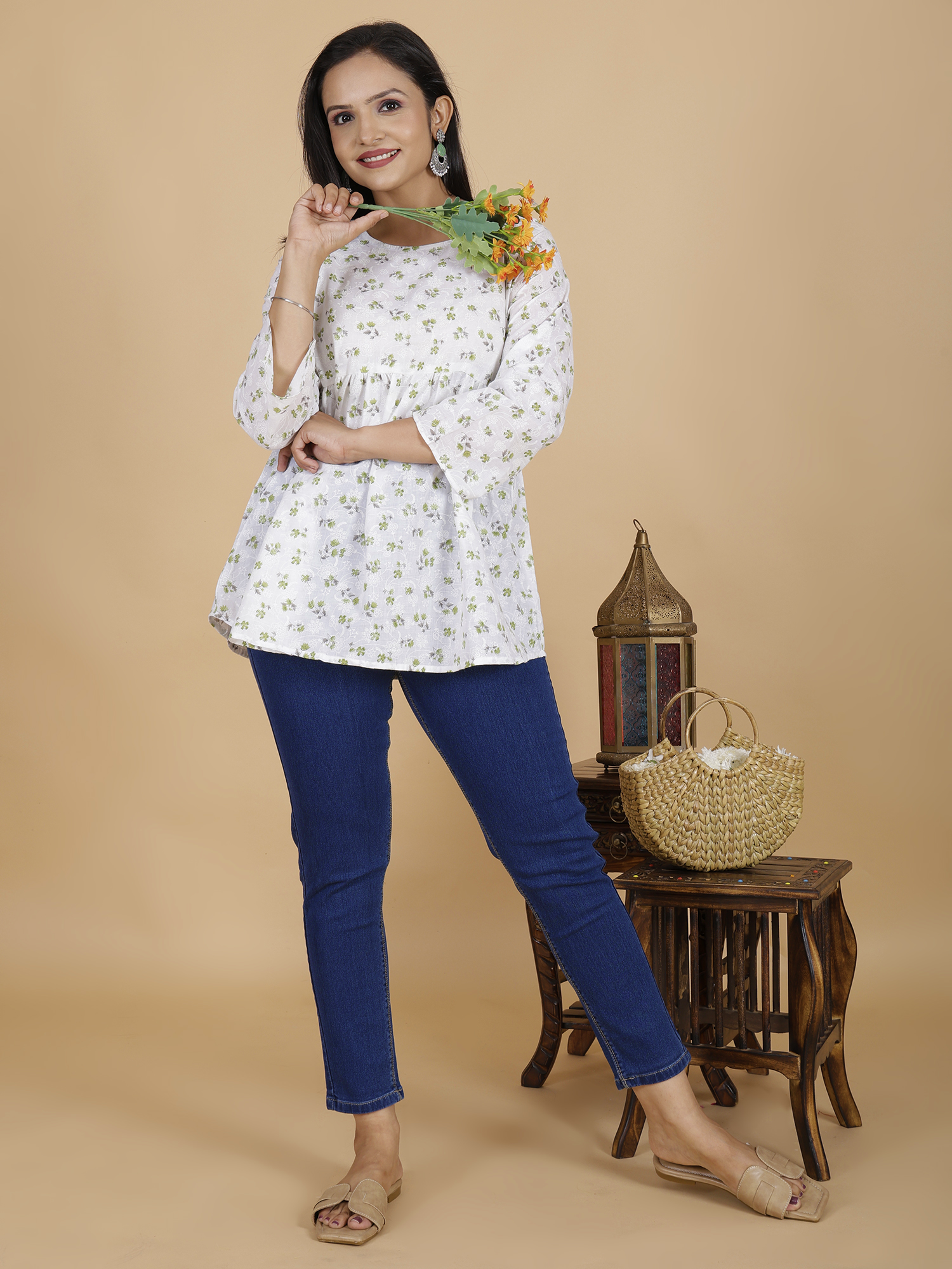Green Floral Flare Dress Kurti - Sufiana