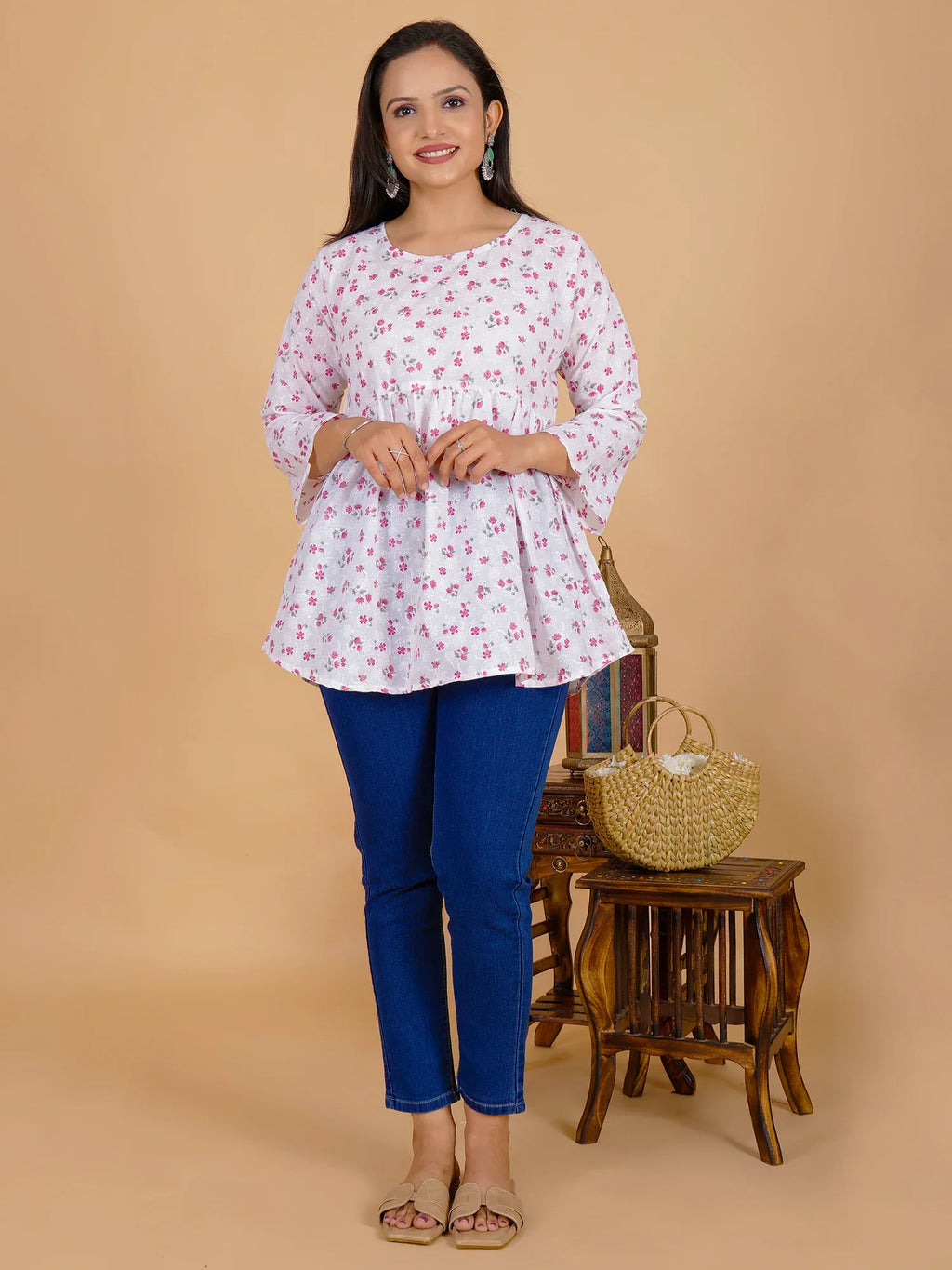 Sufiana White Floral Maroon Short Frock for Women - Sufiana