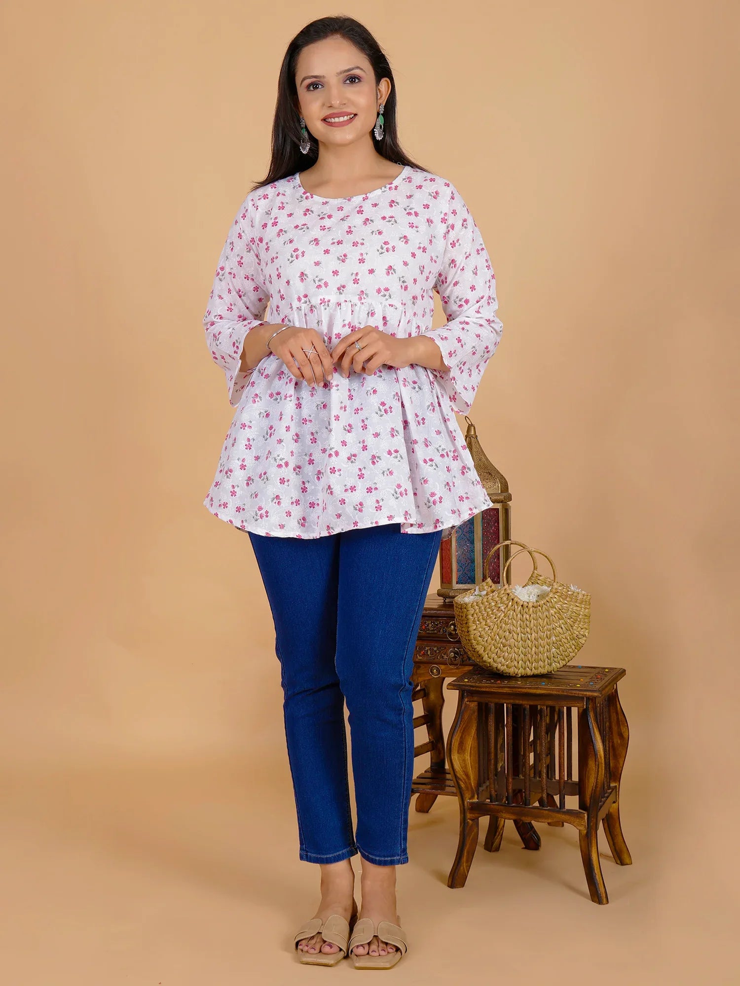 Sufiana White Floral Maroon Short Frock for Women - Sufiana