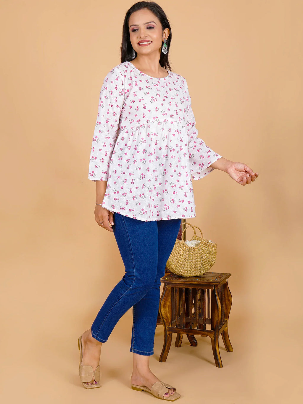 Sufiana White Floral Maroon Short Frock for Women - Sufiana