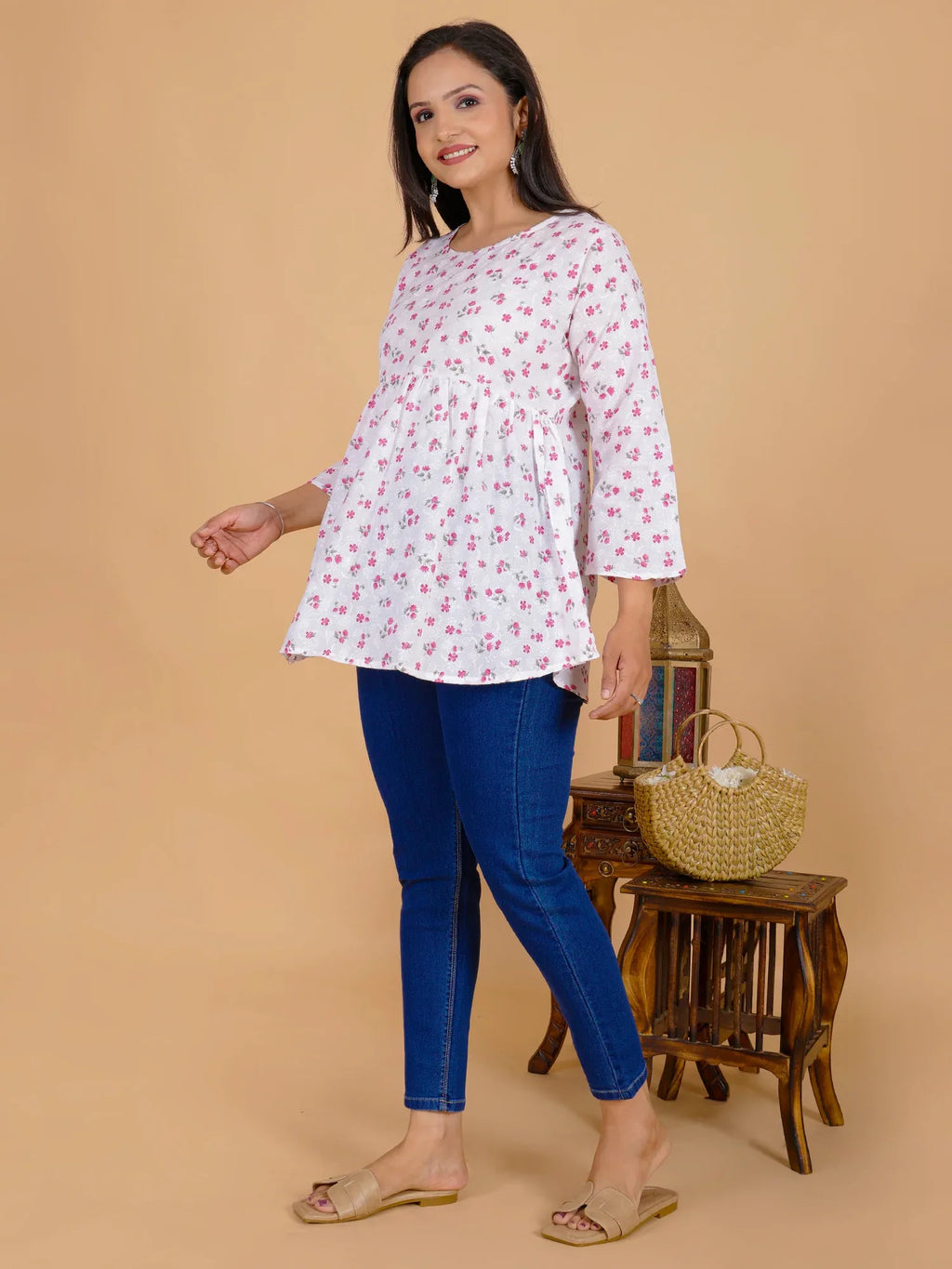 Sufiana White Floral Maroon Short Frock for Women - Sufiana