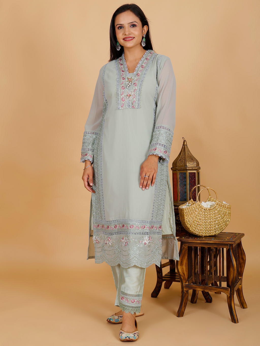 Sufiana Sea Grey Kurta Pant Set Georgette & Silk with Embroidery - Sufiana
