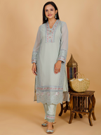 Sufiana Sea Grey Kurta Pant Set Georgette & Silk with Embroidery - Sufiana