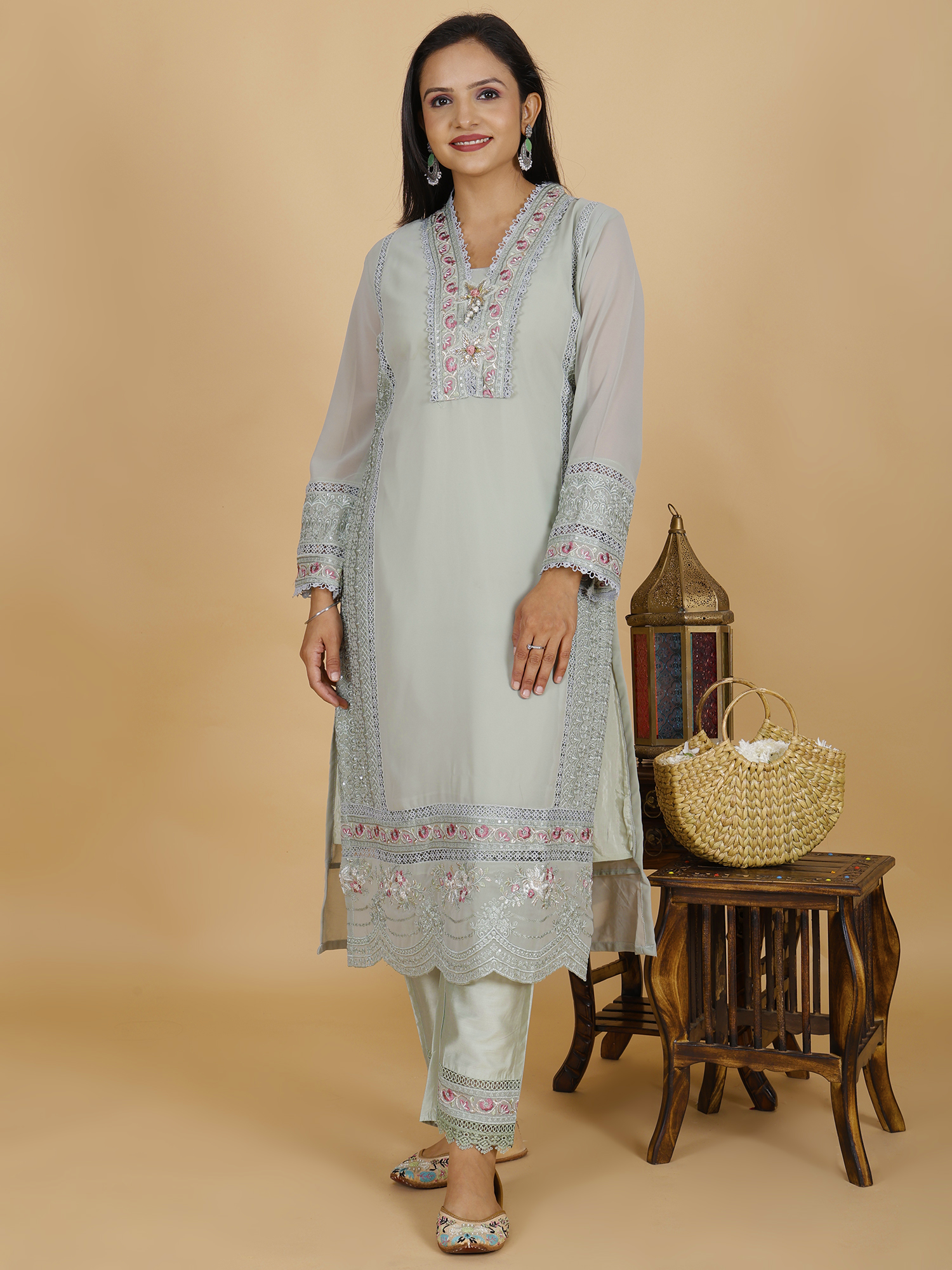 Sufiana Sea Grey Kurta Pant Set Georgette & Silk with Embroidery - Sufiana