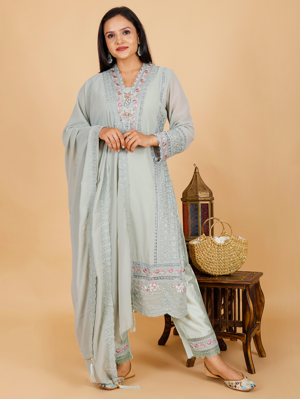 Sufiana Sea Grey Kurta Pant Set Georgette & Silk with Embroidery - Sufiana