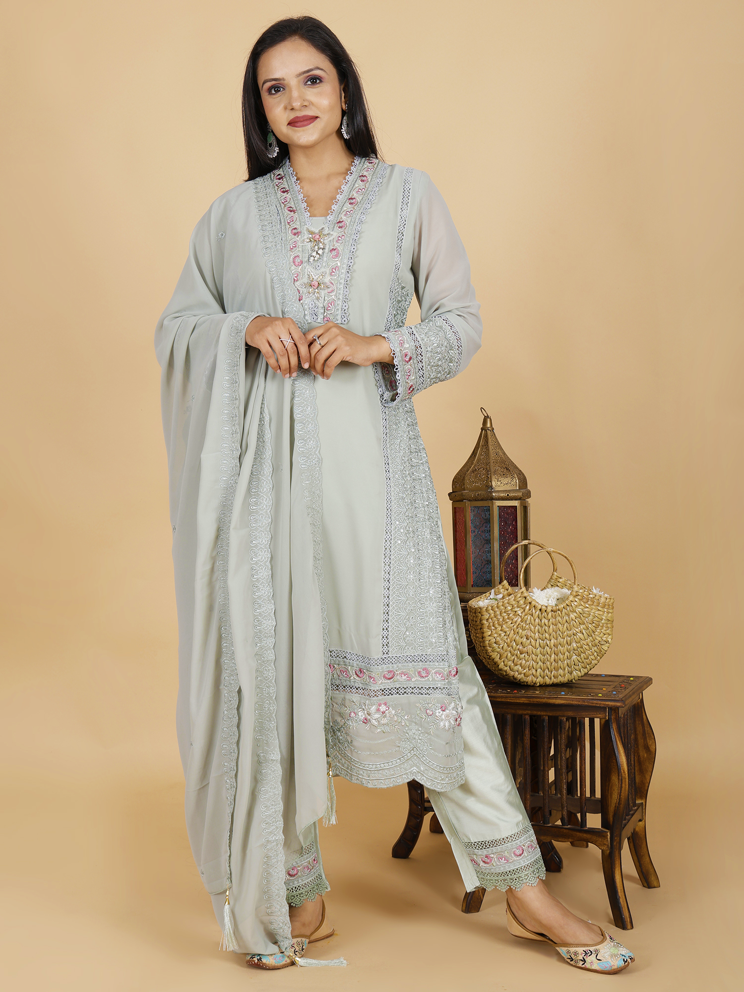 Sufiana Sea Grey Kurta Pant Set Georgette & Silk with Embroidery - Sufiana