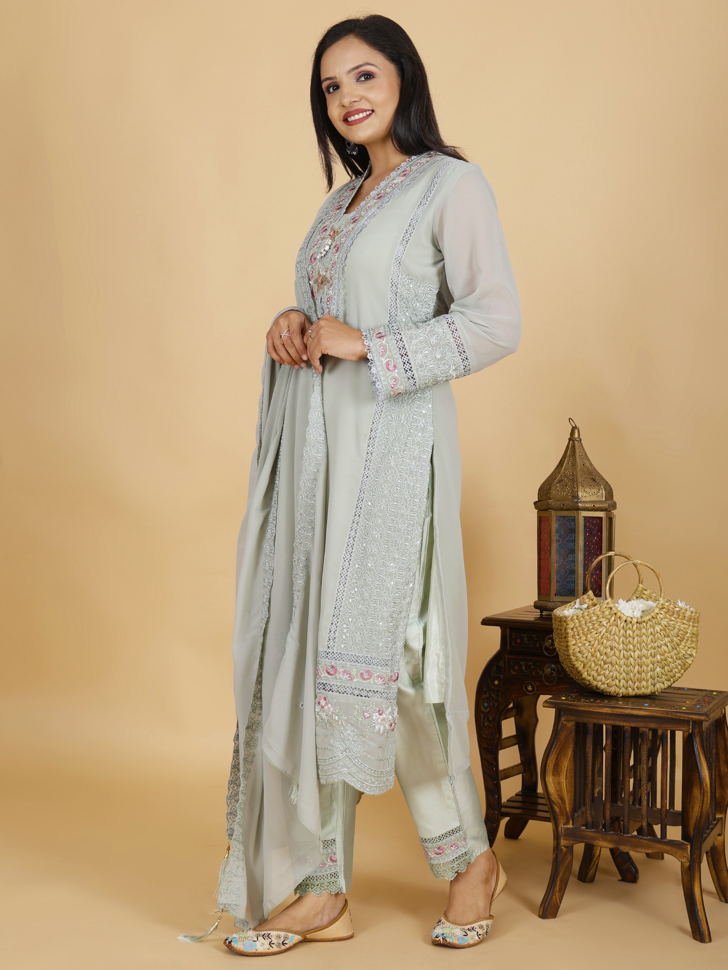 Sufiana Sea Grey Kurta Pant Set Georgette & Silk with Embroidery - Sufiana