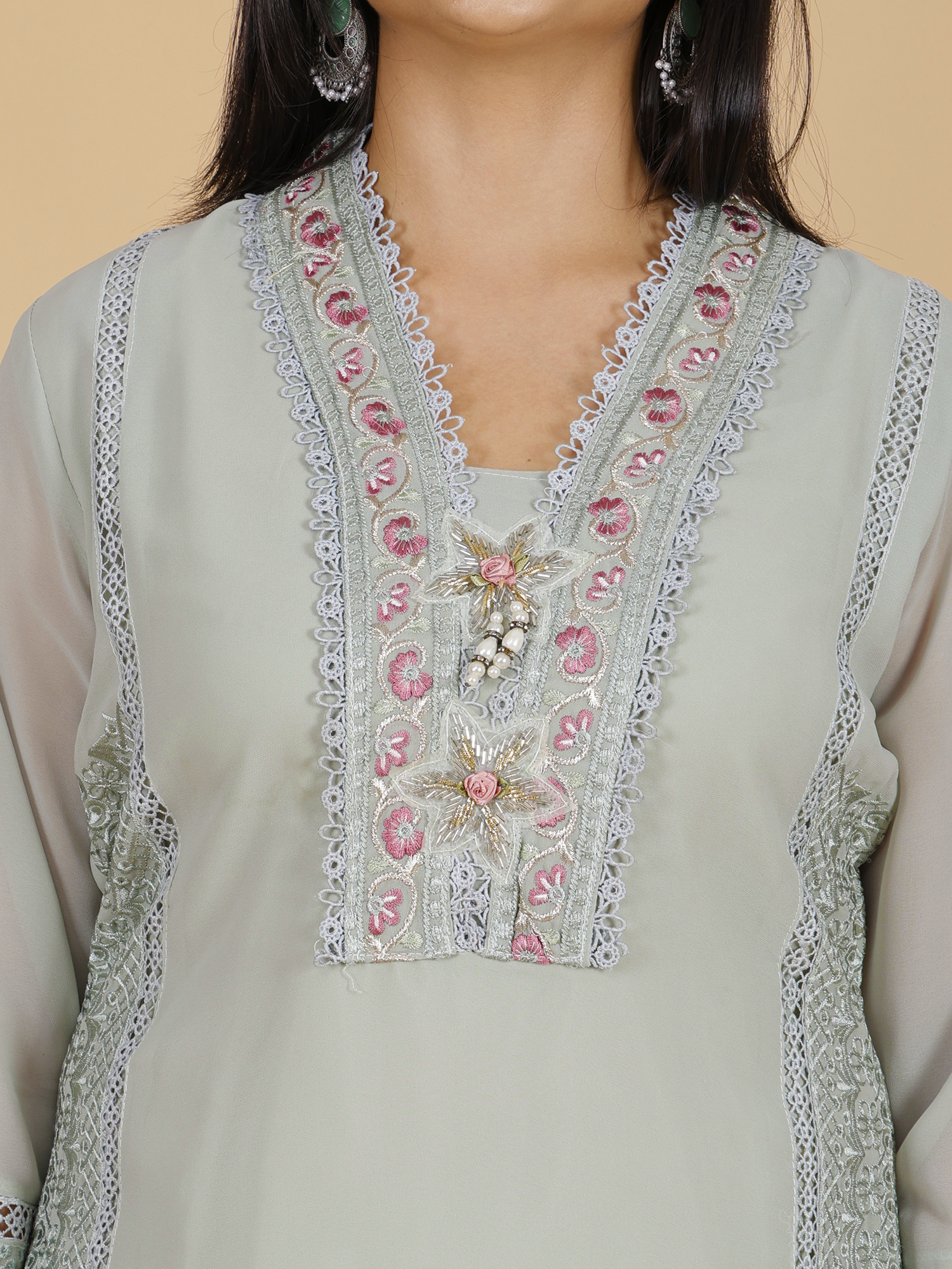 Sufiana Sea Grey Kurta Pant Set Georgette & Silk with Embroidery - Sufiana