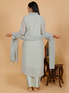 Sufiana Sea Grey Kurta Pant Set Georgette & Silk with Embroidery - Sufiana