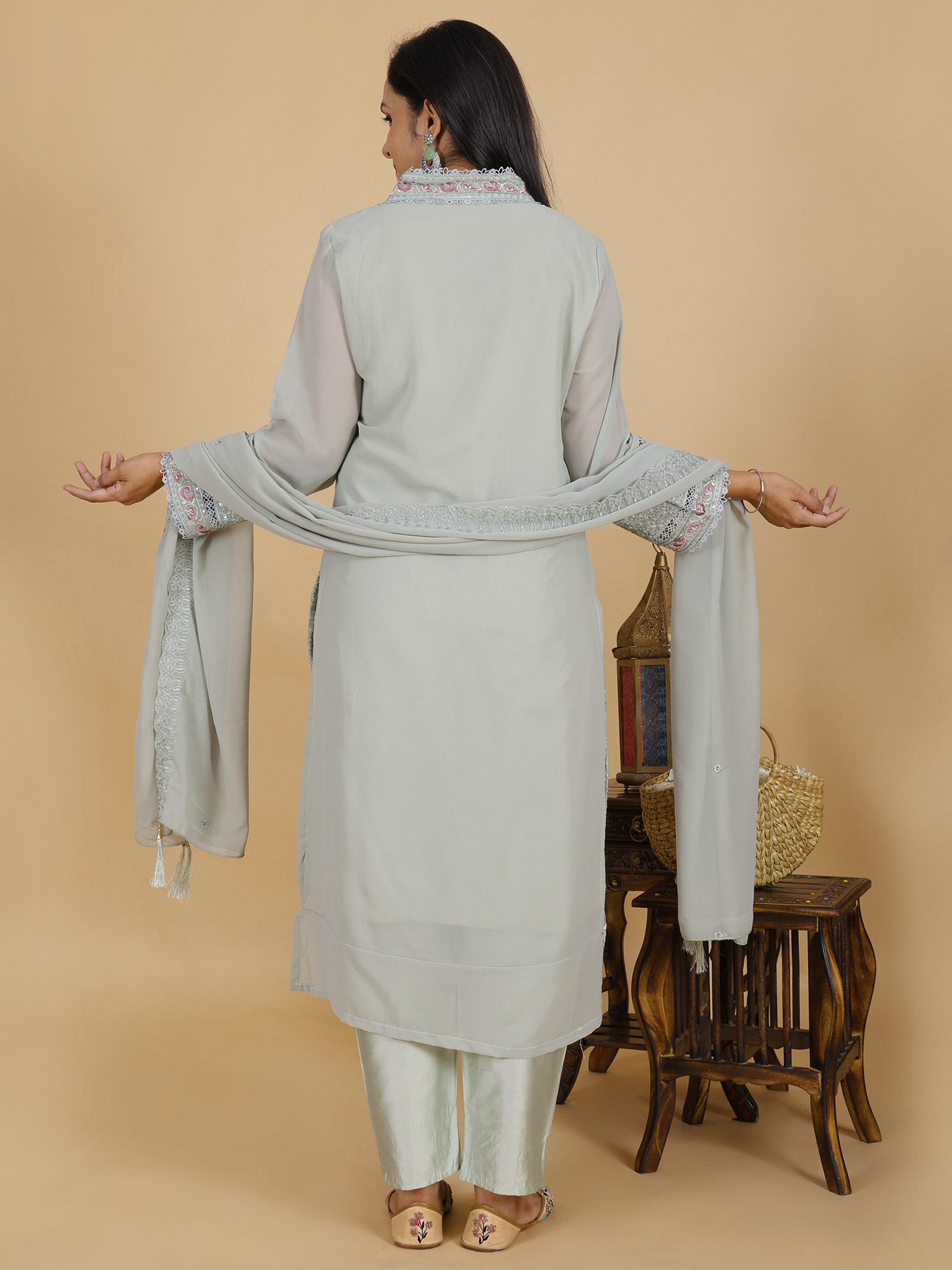 Sufiana Sea Grey Kurta Pant Set Georgette & Silk with Embroidery - Sufiana