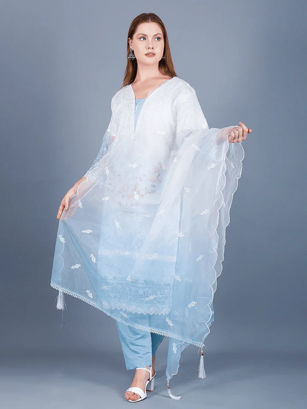 Sufiana White & Blue Embroidered 3 Piece Suit for Women Premium Georgette - Sufiana