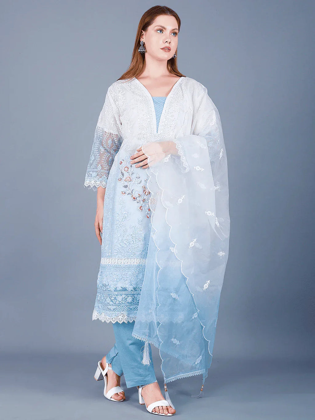 Sufiana White & Blue Embroidered 3 Piece Suit for Women Premium Georgette - Sufiana
