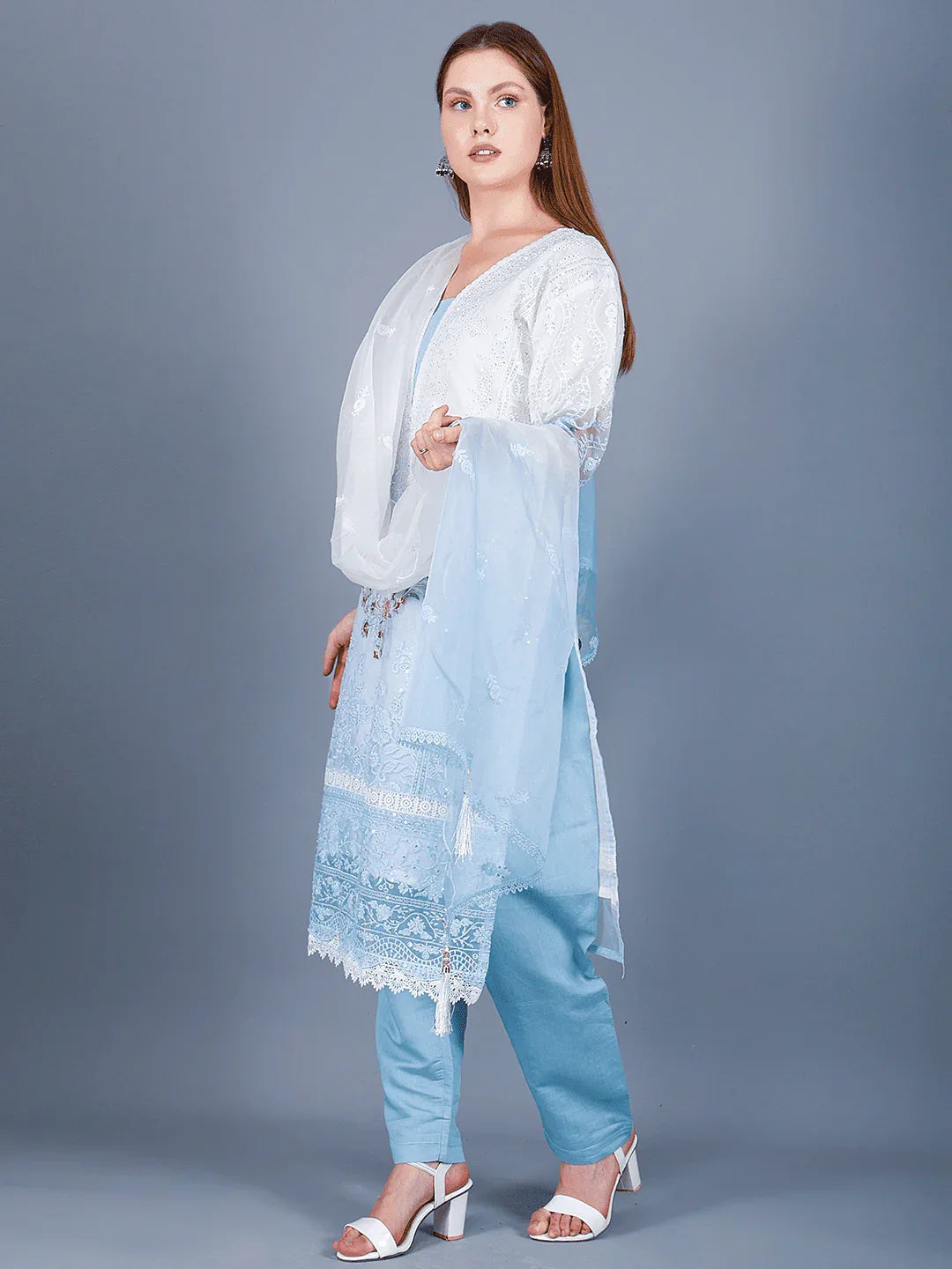 Sufiana White & Blue Embroidered 3 Piece Suit for Women Premium Georgette - Sufiana