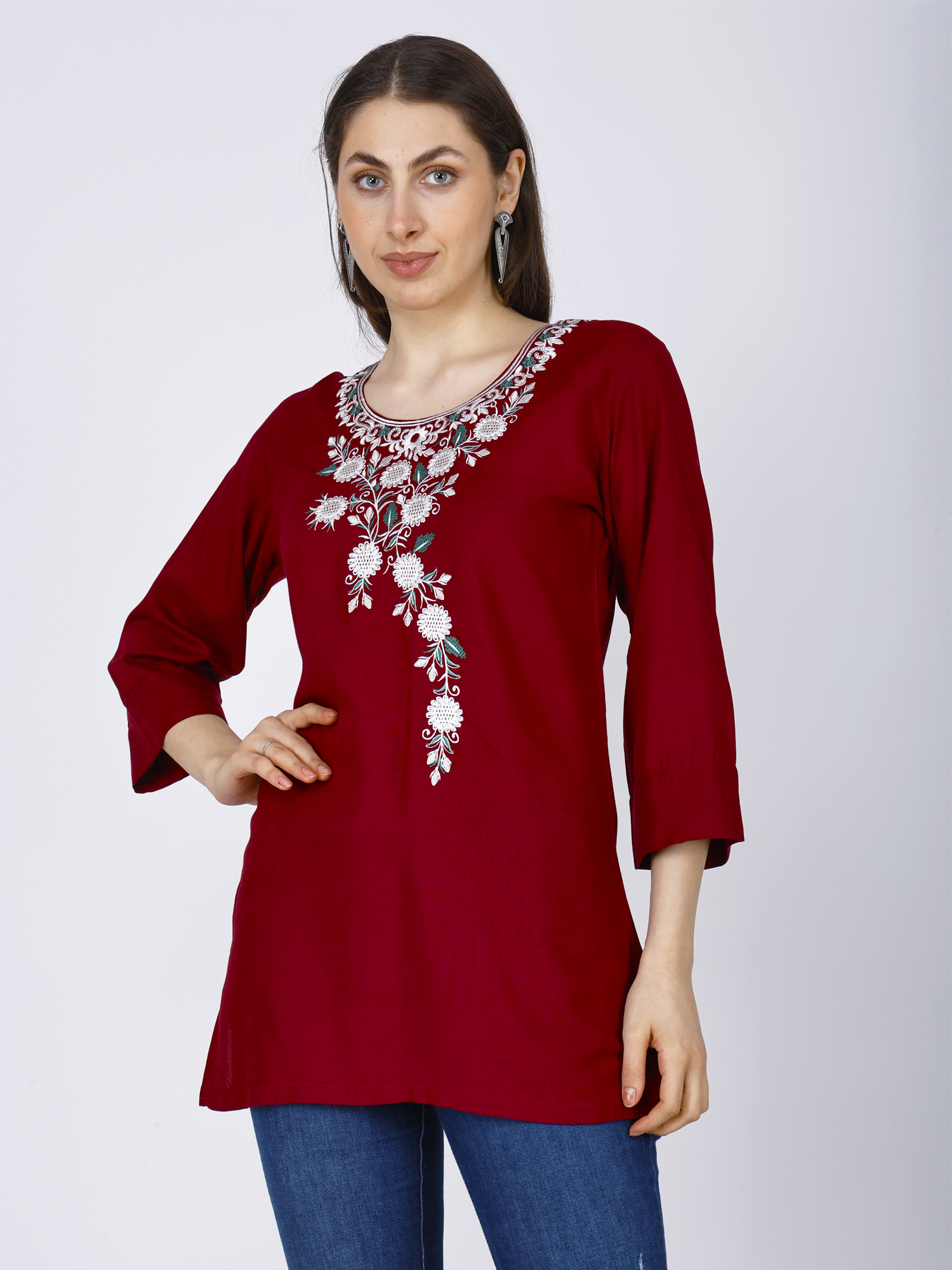 Maroon Embroidered Short Kurti for Women - Sufiana