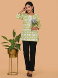 Sufiana Leaf Green Floral Print Cotton Short Kurti for Women - Sufiana