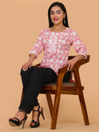Sufiana Pink Floral Print Cotton Short Kurti for Women - Sufiana