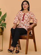 Sufiana Peach Maroon Floral Print Cotton Short Kurti for Women - Sufiana