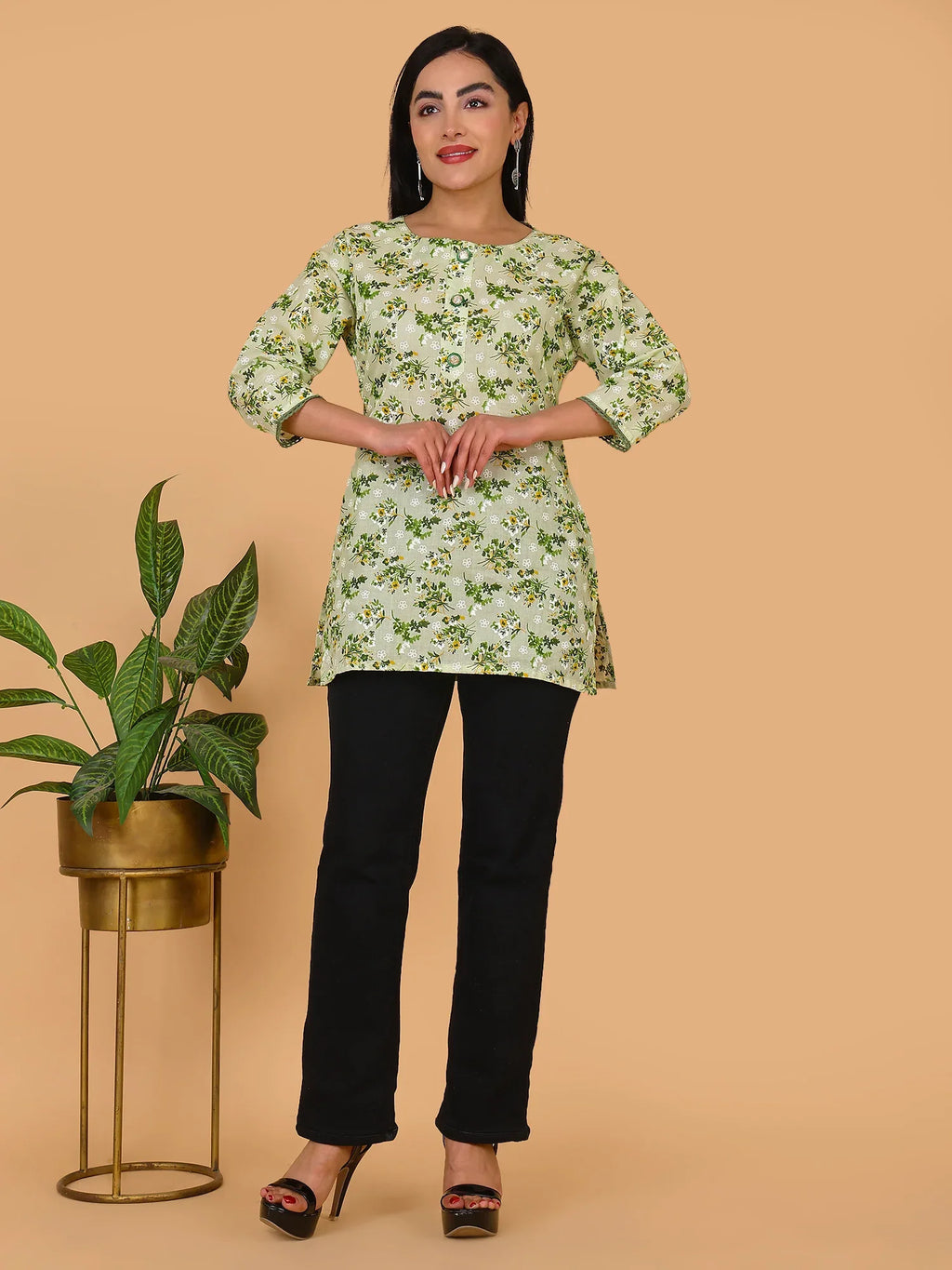 Sufiana Green Floral Print Cotton Short Kurti for Women - Sufiana