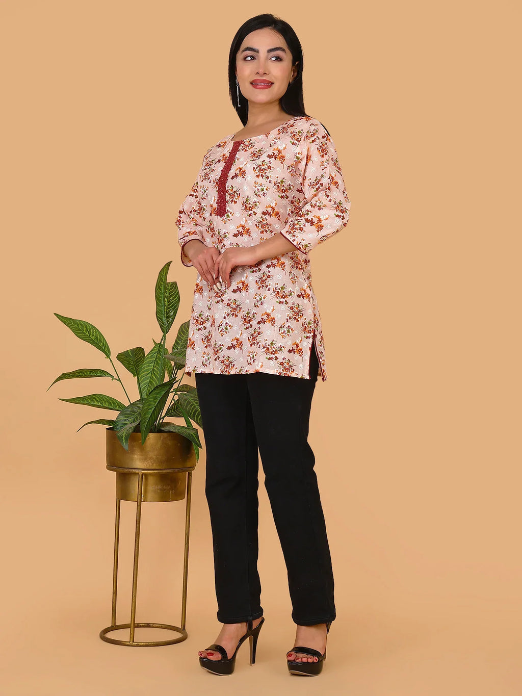Sufiana Peach Maroon Floral Print Cotton Short Kurti for Women - Sufiana
