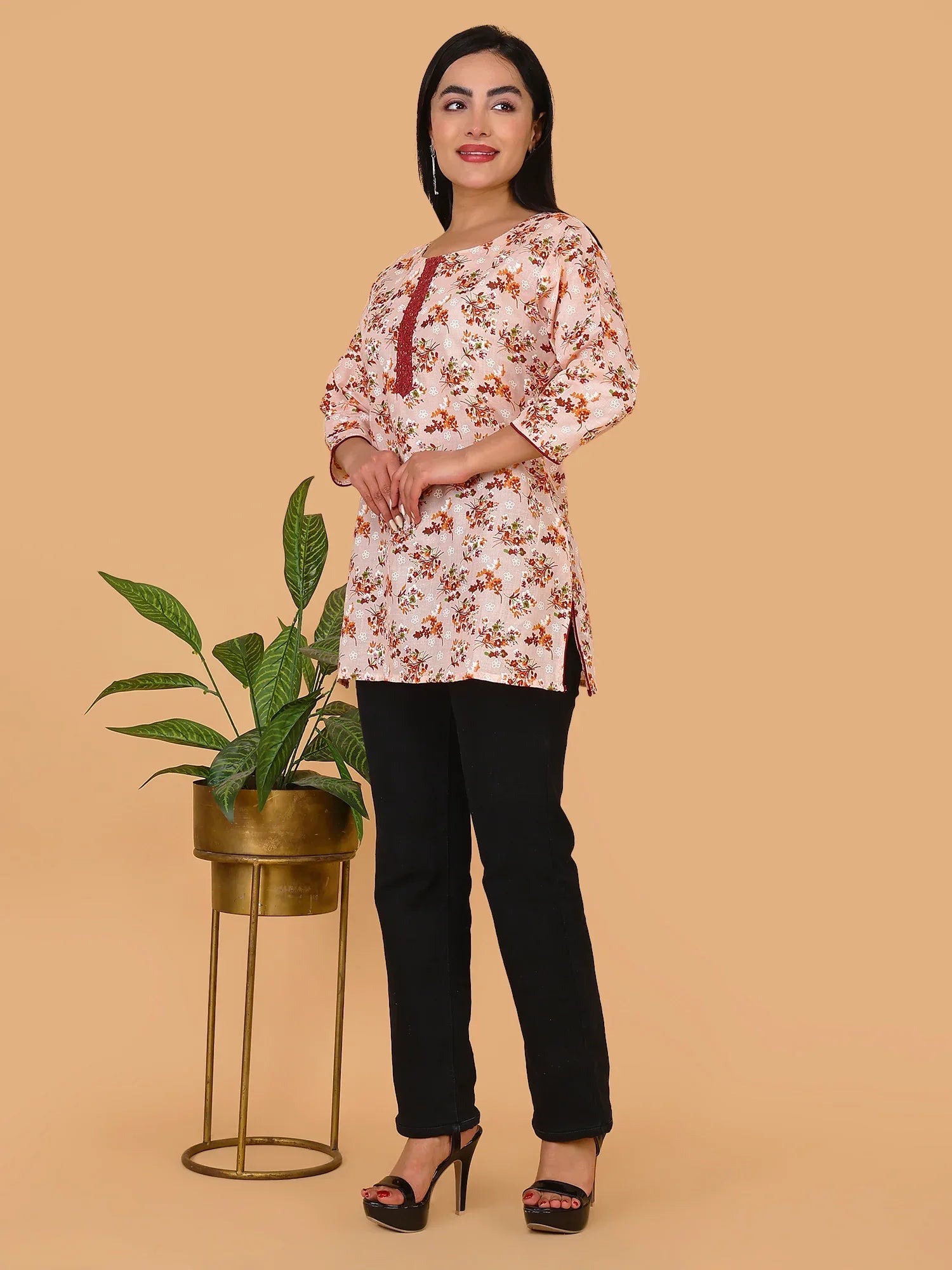 Sufiana Peach Maroon Floral Print Cotton Short Kurti for Women - Sufiana