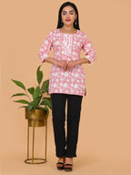 Sufiana Pink Floral Print Cotton Short Kurti for Women - Sufiana