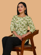 Sufiana Green Floral Print Cotton Short Kurti for Women - Sufiana