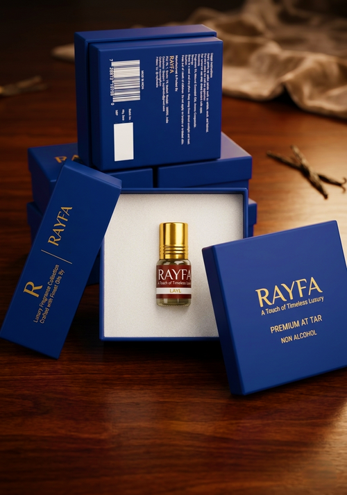RAYFA layal premium atar bottle with blue gift box and label details