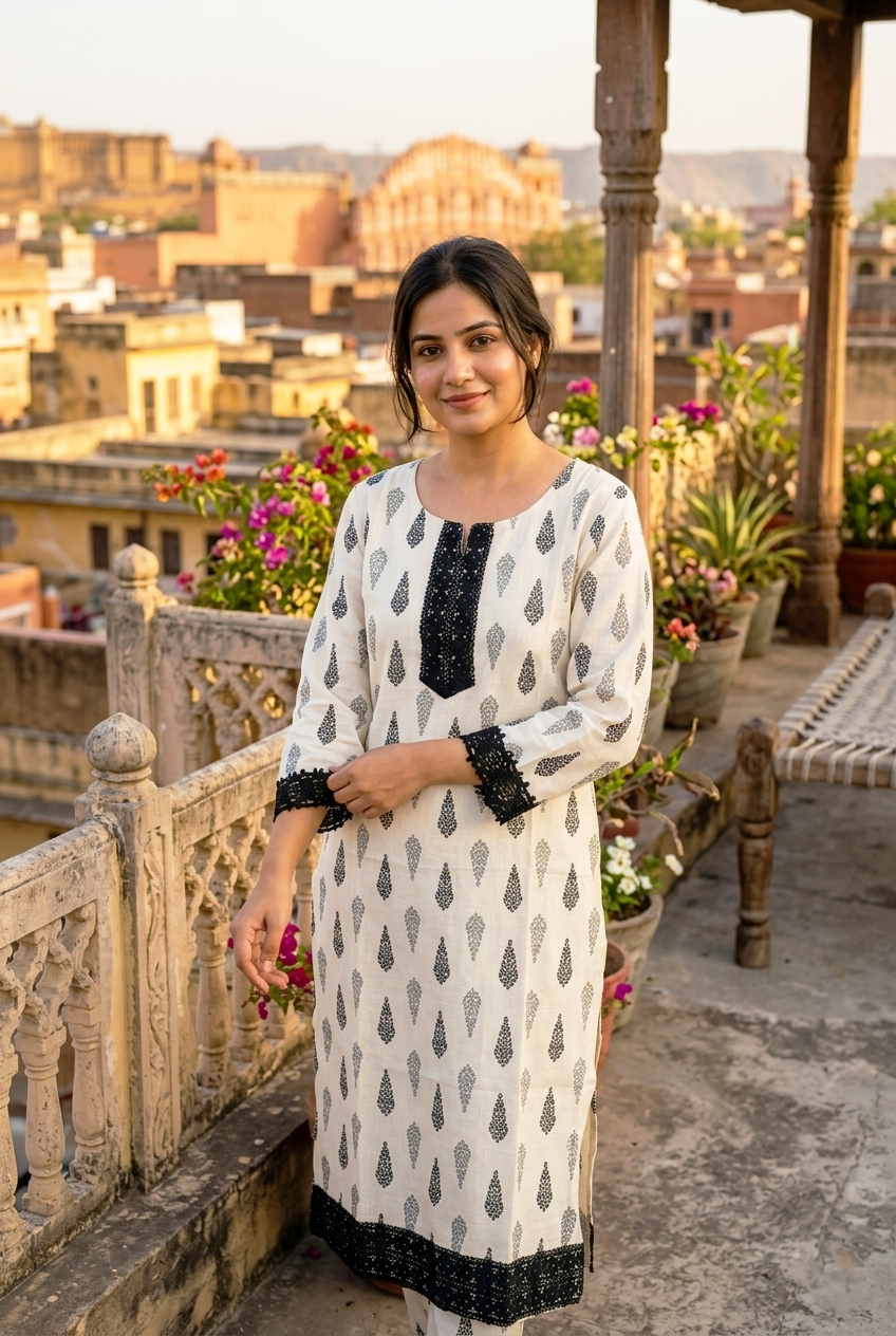 Sufiana Women White Pure Cotton Kurti with Black Lace Detailing | Stylish Printed Ethnic Kurta for Women
