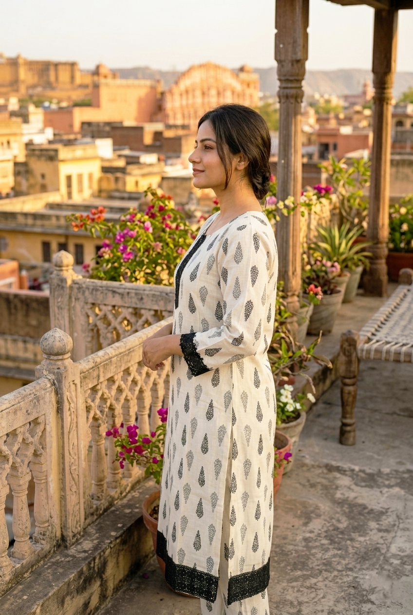 Sufiana Women White Pure Cotton Kurti with Black Lace Detailing | Stylish Printed Ethnic Kurta for Women