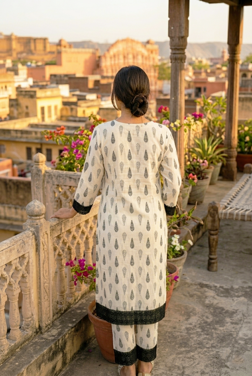 Sufiana Women White Pure Cotton Kurti with Black Lace Detailing | Stylish Printed Ethnic Kurta for Women