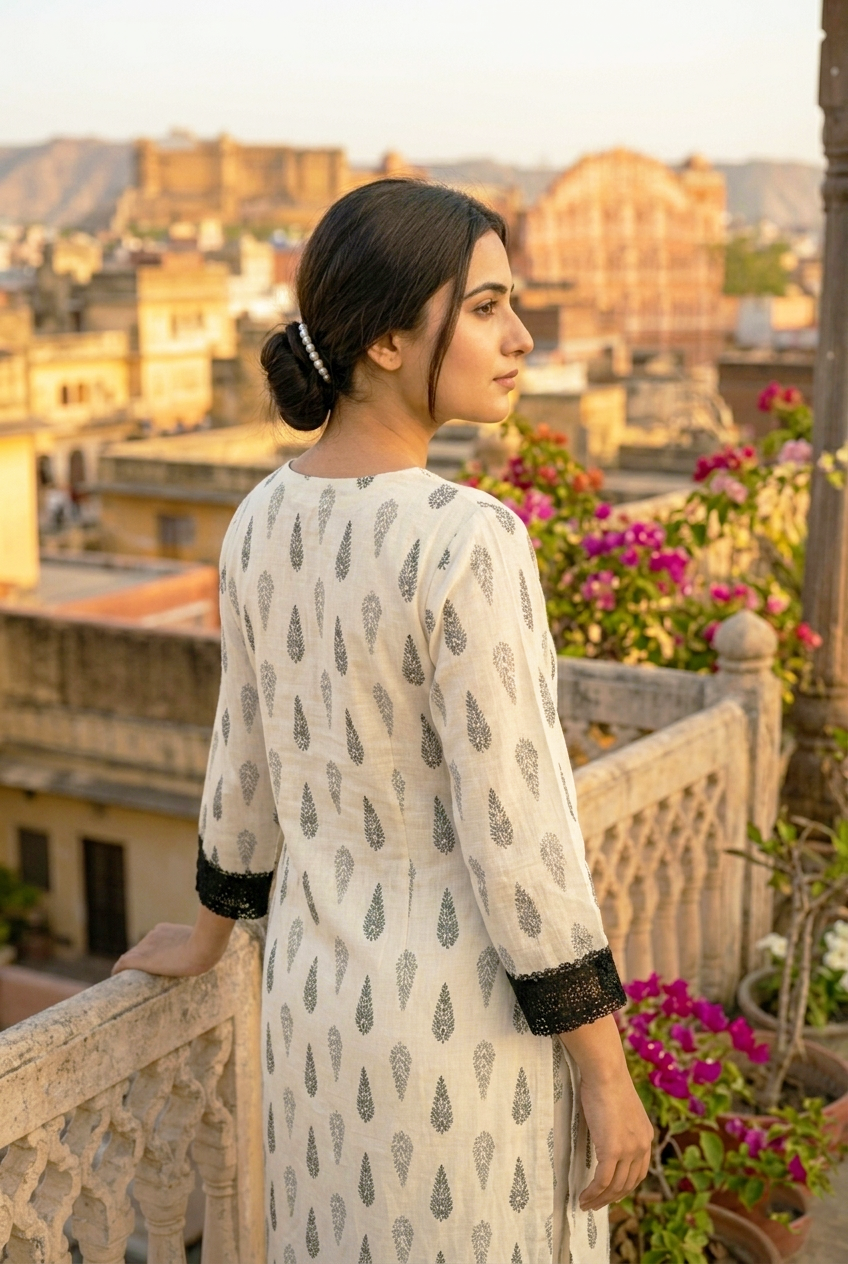 Sufiana Women White Pure Cotton Kurti with Black Lace Detailing | Stylish Printed Ethnic Kurta for Women