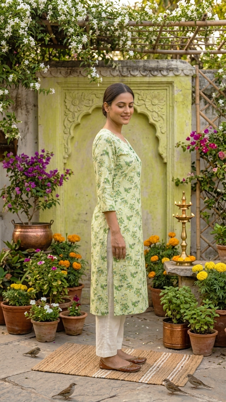 Sufiana Women Green Pure Cotton Printed Kurti with Lace Work | Stylish Ethnic Wear Kurta
