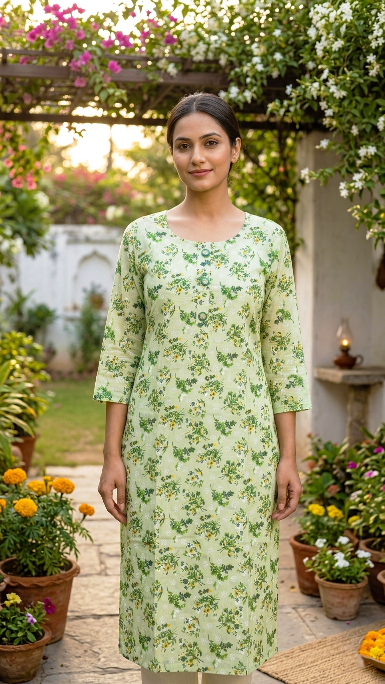 Sufiana Women Green Pure Cotton Printed Kurti with Lace Work | Stylish Ethnic Wear Kurta