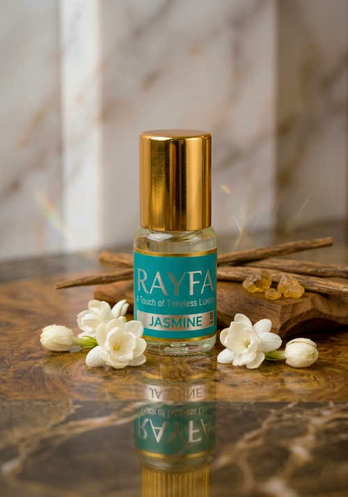 Jasmine fragrance oil bottle with gold cap, white flowers, and wooden incense sticks